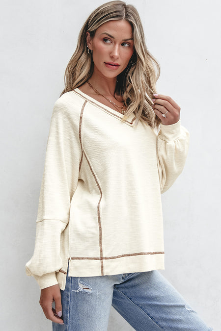 Exposed Seam Textured Knit V Neck Pullover Top