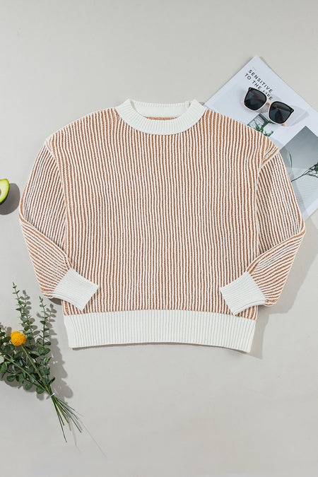 Striped Textured Knit Contrast Edge Loose Sweater