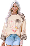 Plaid Floral Peace Heart Graphic Wide Long Sleeve Top