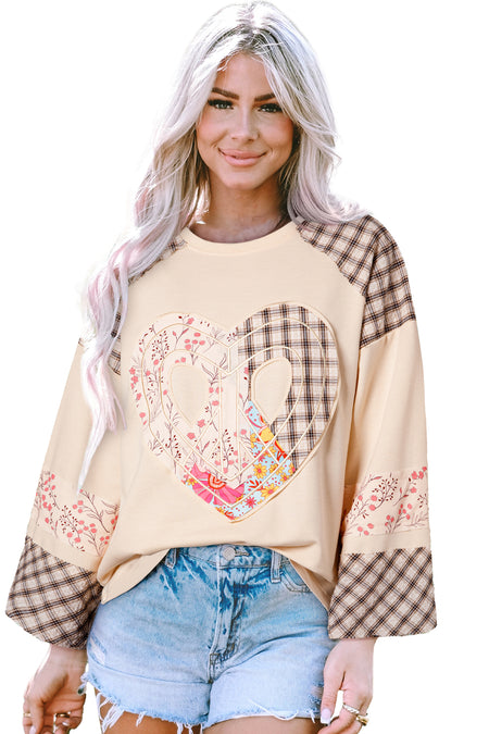 Plaid Floral Peace Heart Graphic Wide Long Sleeve Top