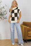 Checkered Color Block Crew Neck Short Sleeve Sweater