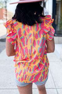 Abstract Print V Neck Ruffled Sleeve Blouse