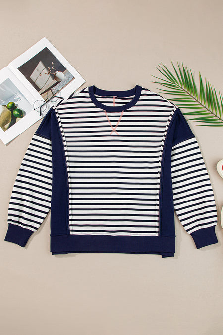 Stripe Color Block Exposed Seam Loose Fit Sweatshirt