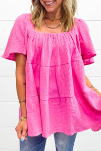 Textured Square Neck Flutter Sleeve Tiered Flowy Blouse