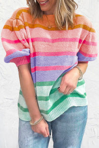 Colorful Stripe Bubble Short Sleeve Sweater