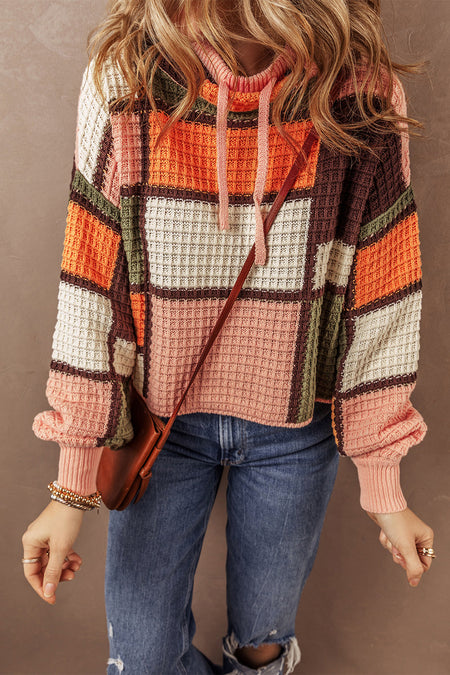 Color Block Waffle Knit Drawstring Mock Neck Sweater