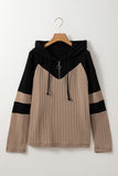 Textured Colorblock Long Sleeve Quarter Zip Drawstring Hooded Top