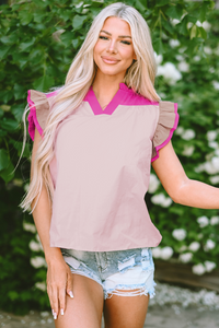 Pink Colorblock Ruffled Sleeve Frill V Neck Blouse
