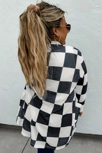 Checkered Waffle Knit Thumbhole Open Front Cardigan