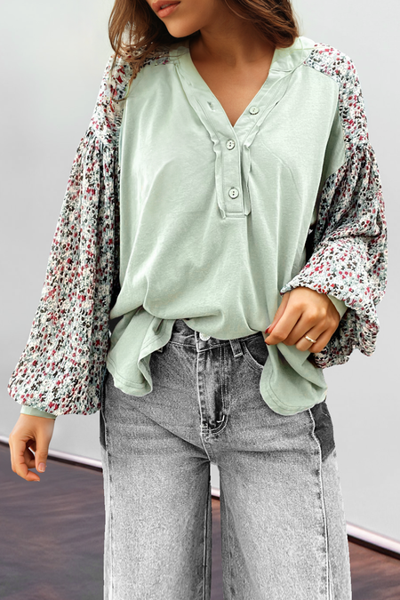 Contrast Printed Bubble Sleeve Henley Loose Top with Slits