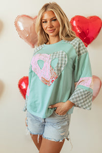 Plaid Floral Peace Heart Graphic Wide Long Sleeve Top