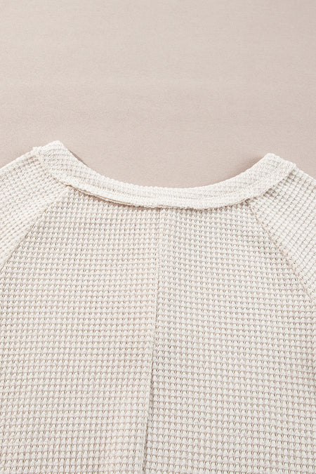 Waffle Knit Buttoned Front Raglan Sleeve Loose Blouse