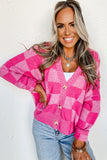 Checkered Drop Shoulder Buttoned V Neck Cardigan