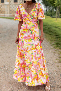 Bohemian Flutter Sleeve Cut out Floral Maxi Dress