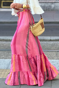 Boho Printed Tasseled Drawstring Ruffled Maxi Skirt