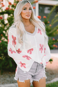 Floral Print Lightweight Knit Hooded Sweater