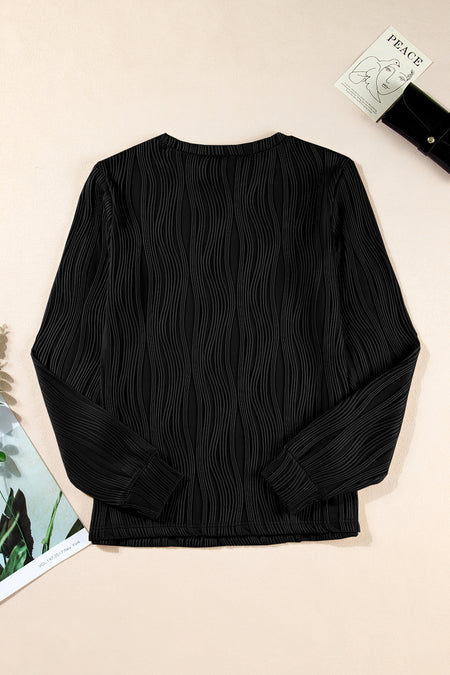 Textured Wavy Round Neck Long Sleeve Top