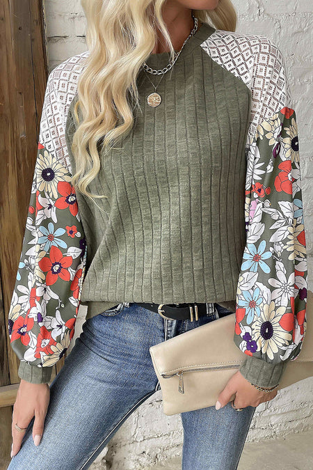 Floral Patchwork Long Sleeve Ribbed Blouse