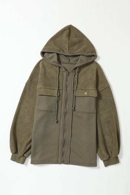 Flap Pocket Drawstring Hood Zip Up Jacket