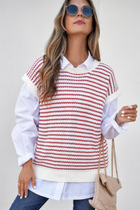 Stripe Ribbed Trim Loose Fit Knitted Sweater Vest