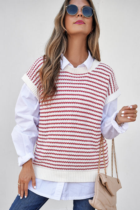 Stripe Ribbed Trim Loose Fit Knitted Sweater Vest