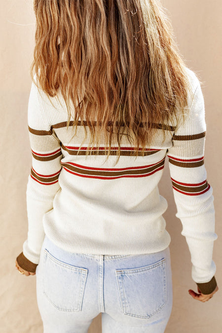 Rib Knitted Stripe Detail Henley Sweater