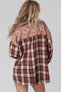 Floral Plaid Mixed Print Bishop Sleeve Patchwork Top