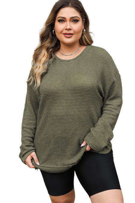 Khaki Waffle Knit High Slits Oversized Top