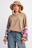 Flower Patchwork Raglan Sleeve Exposed Seam Oversized Top