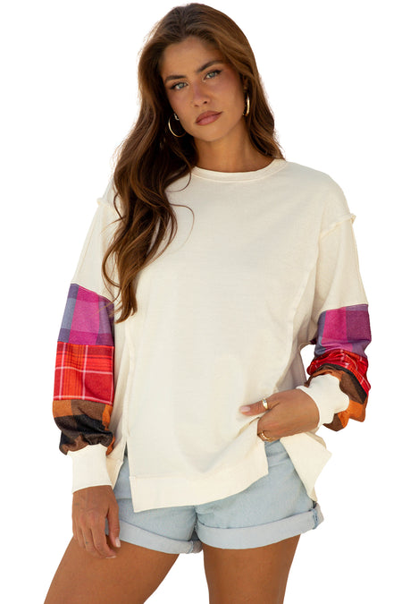 Beige Contrast Plaid Long Sleeve Exposed Seam Patchwork Top