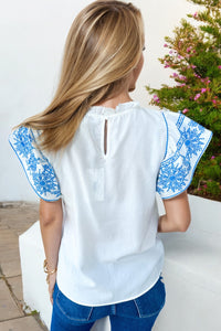 Embroidered Ruffled Sleeve Frilled Collar Blouse