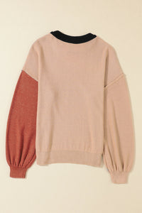 Coffee Colorblock Bishop Sleeve Ribbed Trim Sweater