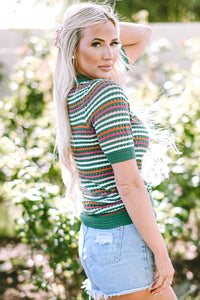 Dark Green Striped Pattern Contrast Trim Pointelle Knit T Shirt