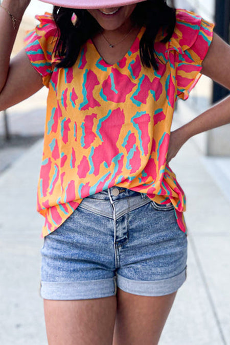 Abstract Print V Neck Ruffled Sleeve Blouse