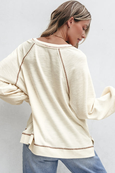 Exposed Seam Textured Knit V Neck Pullover Top