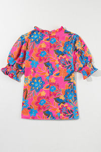 Frilly Mock Neck Short Puff Sleeve Floral Blouse
