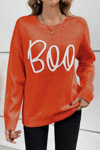 Boo Knitted Pattern Ribbed Edge Drop Shoulder Sweater