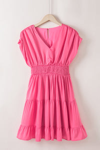 Ruched Sleeve V Neck Smock Waist Tiered Ruffled Dress