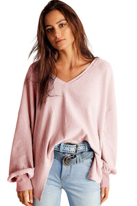 V Neck Long Sleeve Drop Shoulder Loose Blouse