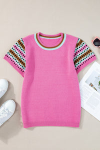 Bright Pink Contrast Printed Cap Sleeves Crewneck Sweater