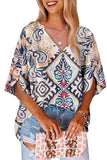 Notched V Neck Split Half Sleeve Blouse