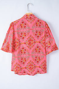 Rose Red Floral Print Wide Short Sleeve Loose Shirt