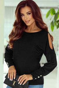 Black Asymmetrical Cut Out Buttoned Long Sleeve Top