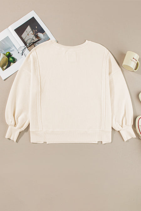 Waffle Knit Bishop Sleeve Split Oversized Sweatshirt