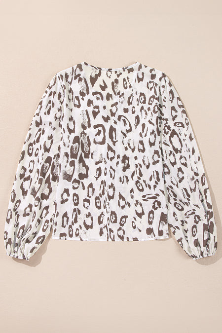 Leopard Print Split Neck Balloon Sleeve Blouse