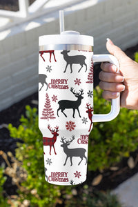 Merry Christmas Tree Snowflake Elk Print Handle Tumbler