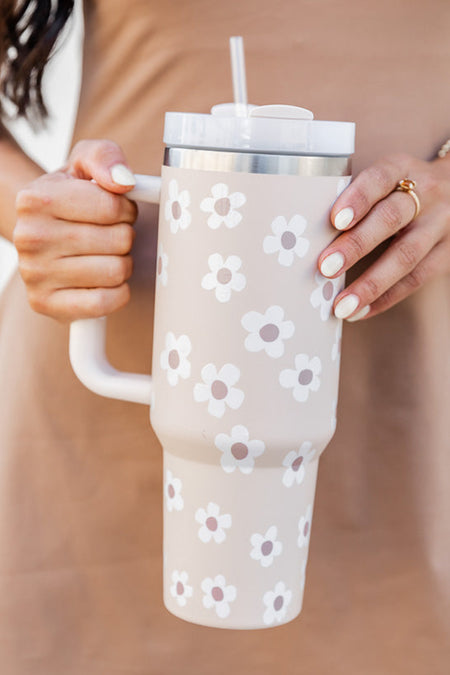 Floret Print Stainless Steel Tumbler With Lid And Straw