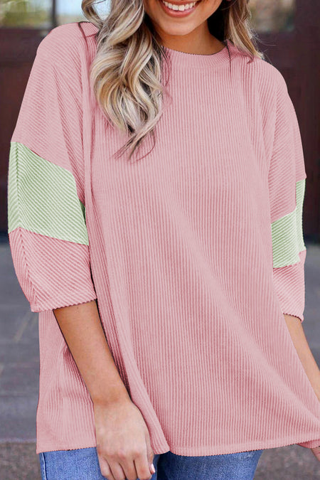 Color Block Ribbed Knit Quarter Sleeve Top