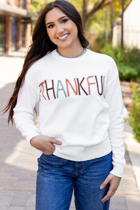 Thankful Ivory Embroidered Sweater