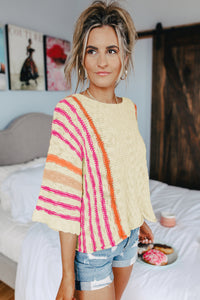 Striped Detail Wide Sleeve Lightweight Knitted Sweater
